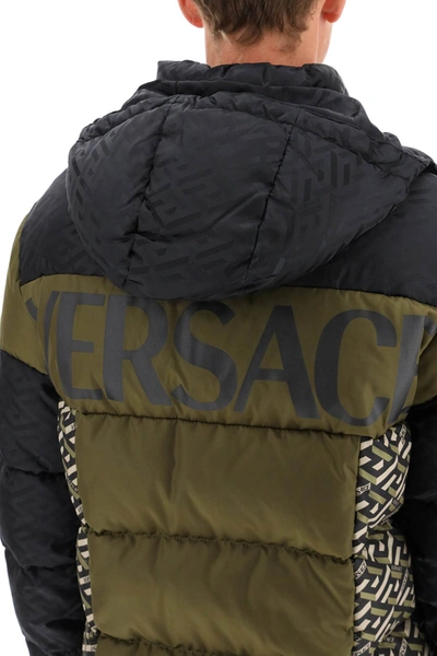 Shop Versace Down Jacket With La Greca Print In Black,khaki