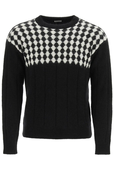 Shop Saint Laurent Sweater With Diamond-patterned Bib In Black,white