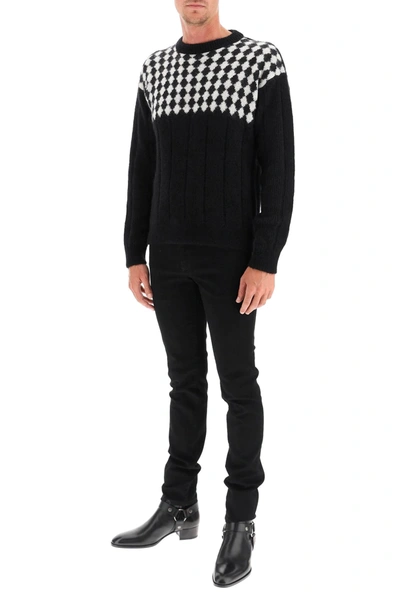 Shop Saint Laurent Sweater With Diamond-patterned Bib In Black,white