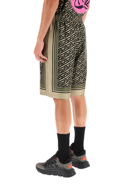 Shop Versace Silk Shorts With La Medusa Monogram Print In Khaki,black