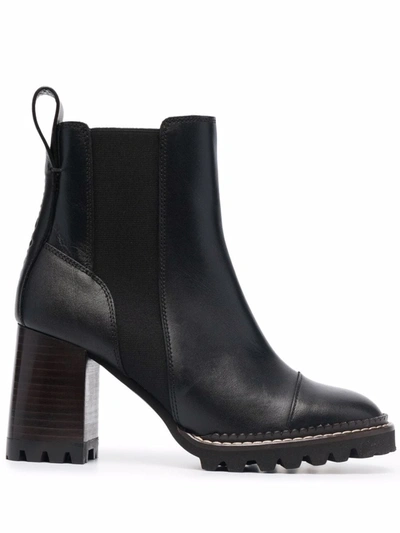 Shop See By Chloé Block-heel Leather Ankle Boots In Schwarz