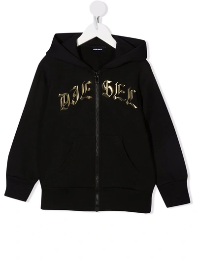 Shop Diesel Gothic Logo Zipped Hoodie In Black