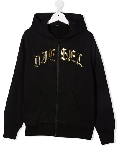 Shop Diesel Teen Gothic Logo Zipped Hoodie In Black