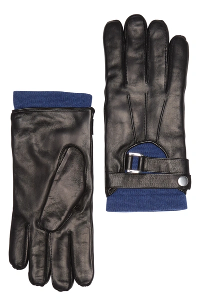 Shop Portolano Faux Leather Half Moon Gloves In Black/ Heather Denim