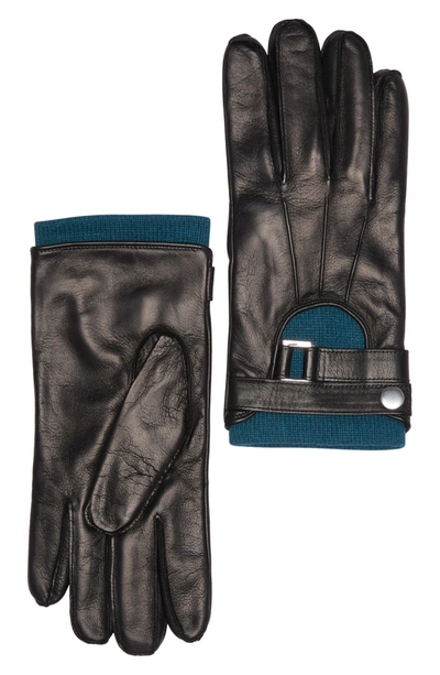 Shop Portolano Nappa Leather Half Moon Gloves In Black/ Deep Teal