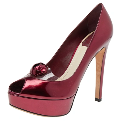 Pre-owned Dior Burgundy Patent Leather Flower Platform Pumps Size 37.5