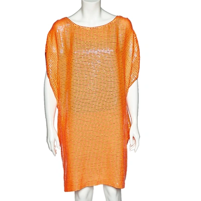 Pre-owned Diane Von Furstenberg Neon Orange Sequin Embellished Silk Kei Tunic L