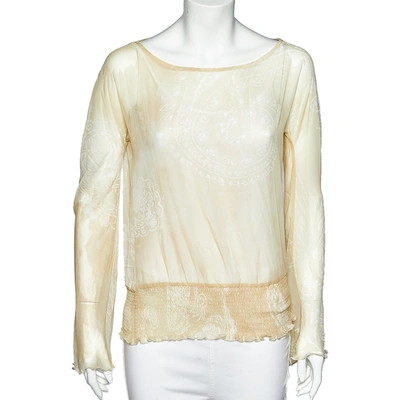 Pre-owned Just Cavalli Pale Yellow Printed Crepe Elasticized Hem Blouse M