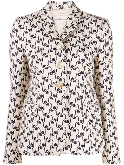 Shop Tory Burch Floral-print Single-breasted Blazer In Neutrals