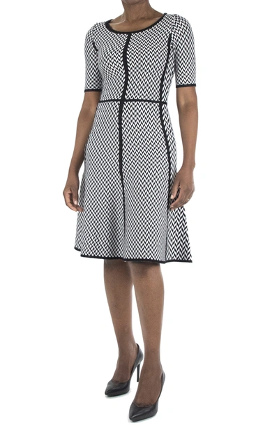 Shop Nina Leonard Chevron Print Fit & Flare Sweater Dress In Black/ White