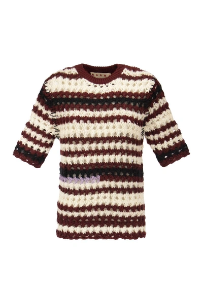 Shop Marni Striped Wool Blend Crochet Sweater In Bordeaux