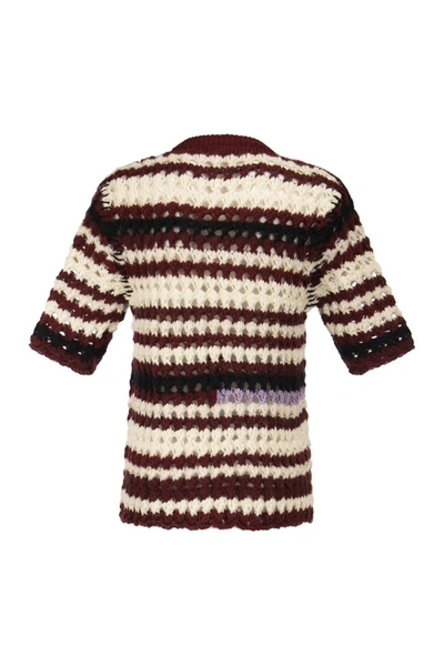 Shop Marni Striped Wool Blend Crochet Sweater In Bordeaux