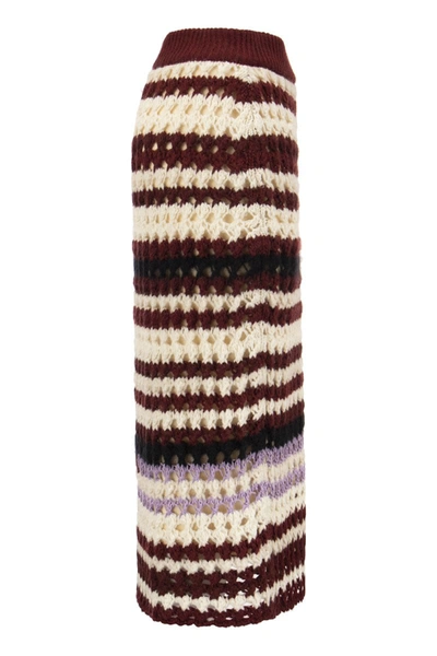 Shop Marni Striped Wool Blend Crochet Skirt In Bordeaux