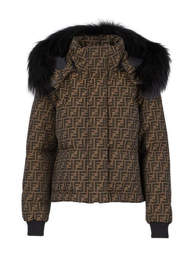 Fendi Monogram Canvas Puffer Jacket W/ Detachable Fur Hood In Brown |  ModeSens