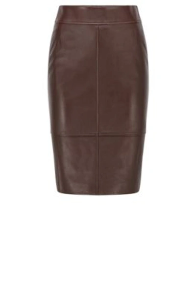 Shop Hugo Boss Pencil Skirt In Leather With Feature Seaming In Dark Brown
