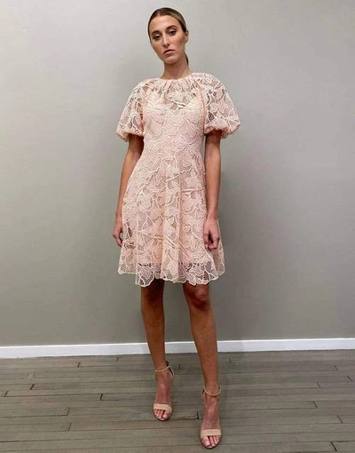 Shop Monique Lhuillier Jewel Neckline Puff Sleeve Dress