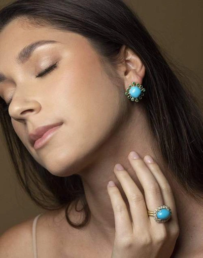 Shop Leigh Maxwell Turquoise And Emerald Omega Earrings In Ylwgold