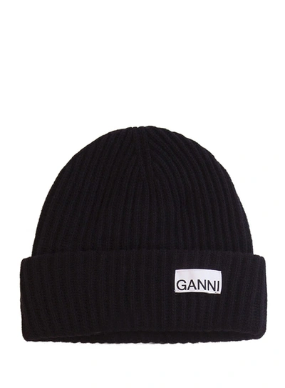 Shop Ganni Rib-knit Logo-patch Beanie In Nero