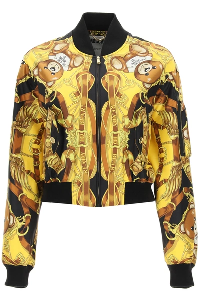 Shop Moschino Silk Bomber With Teddy Scarf Print In Black