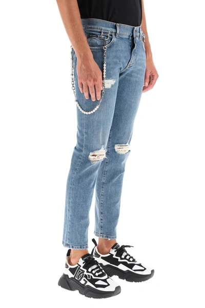 Shop Dolce & Gabbana Destroyed Jeans With Keychain In Blue