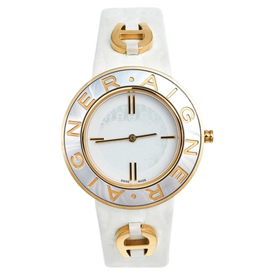 Pre-owned Aigner Mother Of Pearl Two Tone Stainless Steel Leather Aversa A51300 Women's Wristwatch 35 Mm In White
