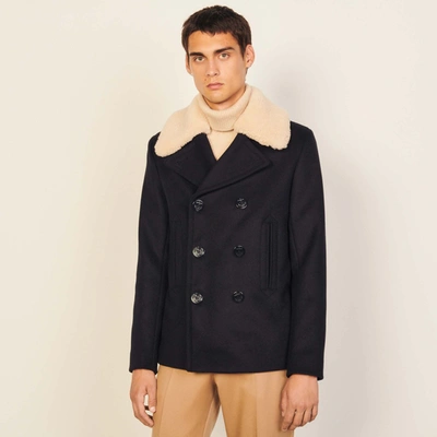 Sandro Double-breasted Shearling Wool-blend Pea Coat In Navy Blue | ModeSens
