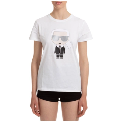 Shop Karl Lagerfeld Women's T-shirt Short Sleeve Crew Neck Round Ikonik In White