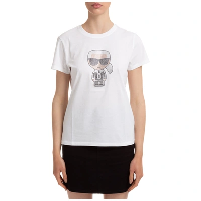 Shop Karl Lagerfeld Women's T-shirt Short Sleeve Crew Neck Round Ikonik In White
