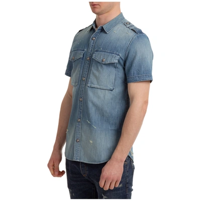 Shop Balmain Men's Denim Short Sleeve Denim Shirt  T-shirt In Light Blue