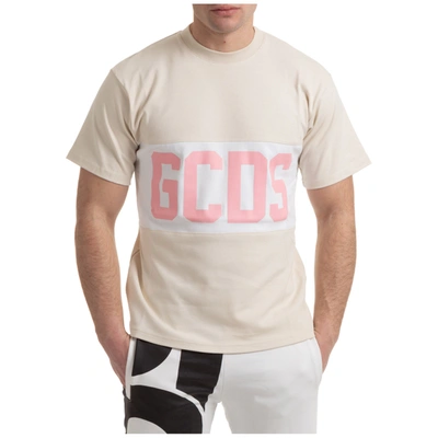 Shop Gcds Men's Short Sleeve T-shirt Crew Neckline Jumper Band Logo In Beige