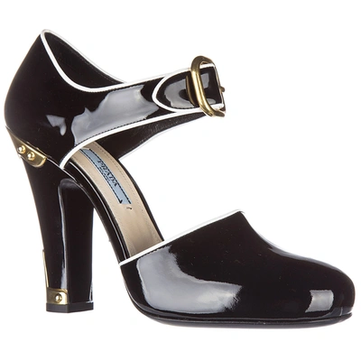 Shop Prada Women's Leather Pumps Court Shoes High Heel Vernice Bicolor In Black