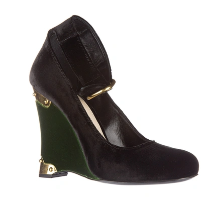 Shop Prada Women's Shoes Wedges Sandals  Velluto Bicolor In Black