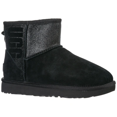 Shop Ugg Women's Suede Ankle Boots Booties Classic Mini Logo Sparkle In Black