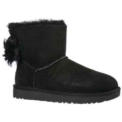 Shop Ugg Women's Suede Ankle Boots Booties Fluff Bow Mini In Black
