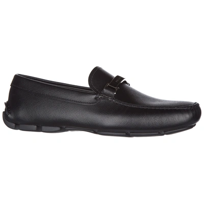 Shop Prada Men's Leather Loafers Moccasins In Black