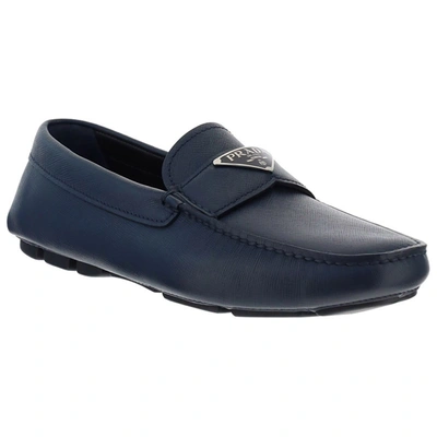 Shop Prada Men's Leather Loafers Moccasins In Blue