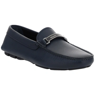 Shop Prada Men's Leather Loafers Moccasins In Blue