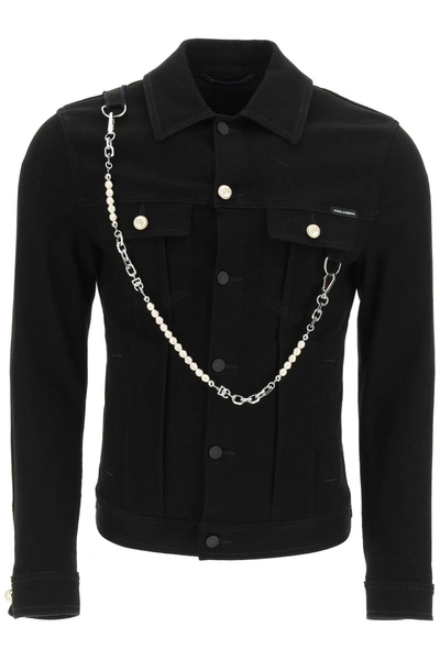 Shop Dolce & Gabbana Chain Embellished Denim Jacket In Black