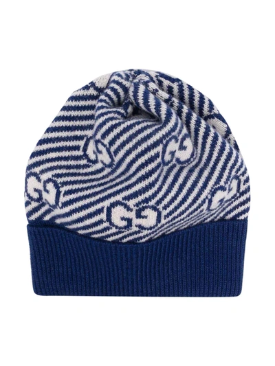 Shop Gucci Kids Gg Diagonal Stripe Beanie In Blue