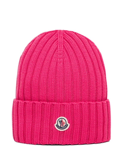 Shop Moncler Logo Patch Ribbed Beanie In Pink