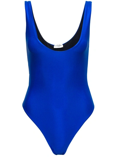 Shop Saint Laurent Metallic Sleeveless Bodysuit In Blue