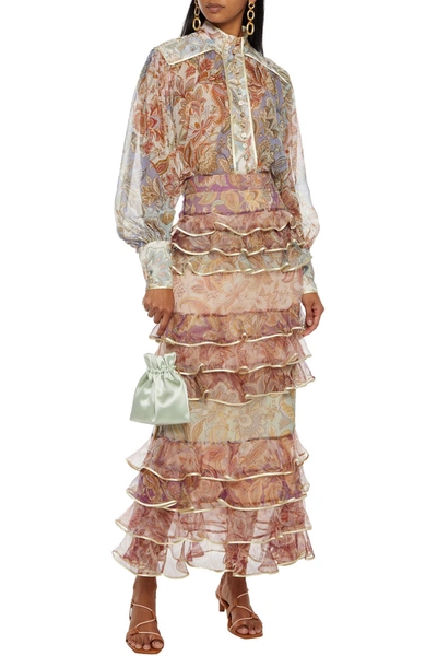 Shop Zimmermann Tiered Satin-trimmed Printed Silk-organza Maxi Skirt In Blush