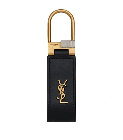 Shop Saint Laurent Leather Monogram Keychain In Black