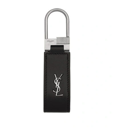 Shop Saint Laurent Leather Monogram Keychain In Black