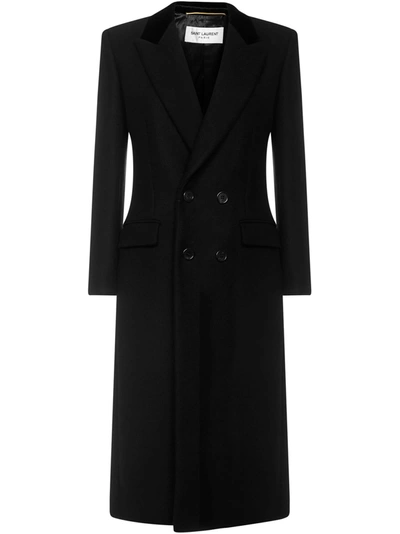 Saint Laurent Wool Blend Gabardine Long Coat In Black
