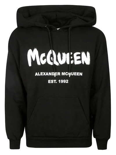 Shop Alexander Mcqueen Logo Print Ribbed Hoodie In Black/white