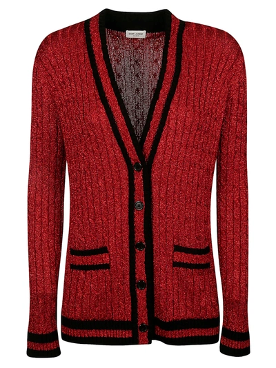 Shop Saint Laurent Stripe Trimmed Knit Cardigan In Red/black