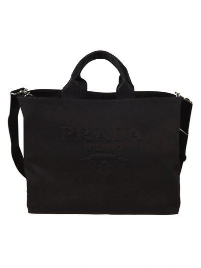 Shop Prada Embossed Logo Shopper Bag In Black