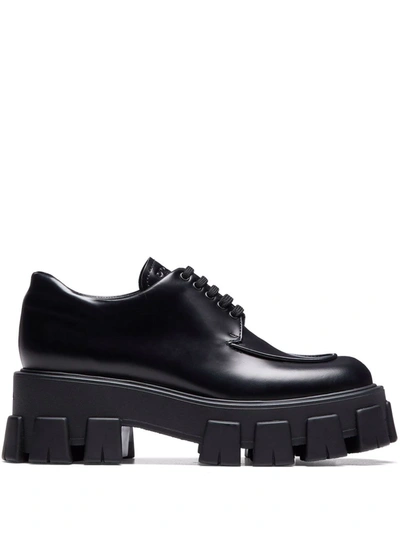 Shop Prada Moonlith Brushed Leather Lace-up Shoes In Schwarz