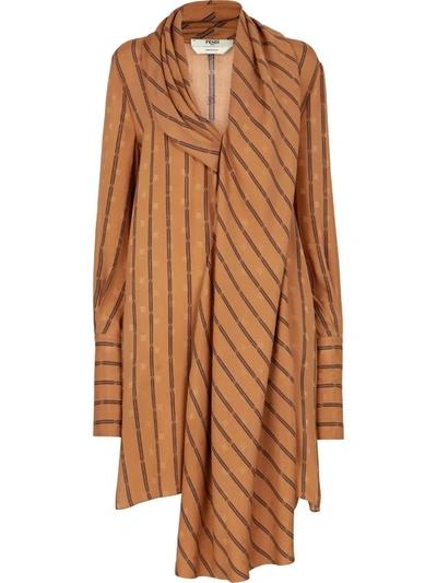 Shop Fendi Karligraphy Striped Silk Dress In Braun